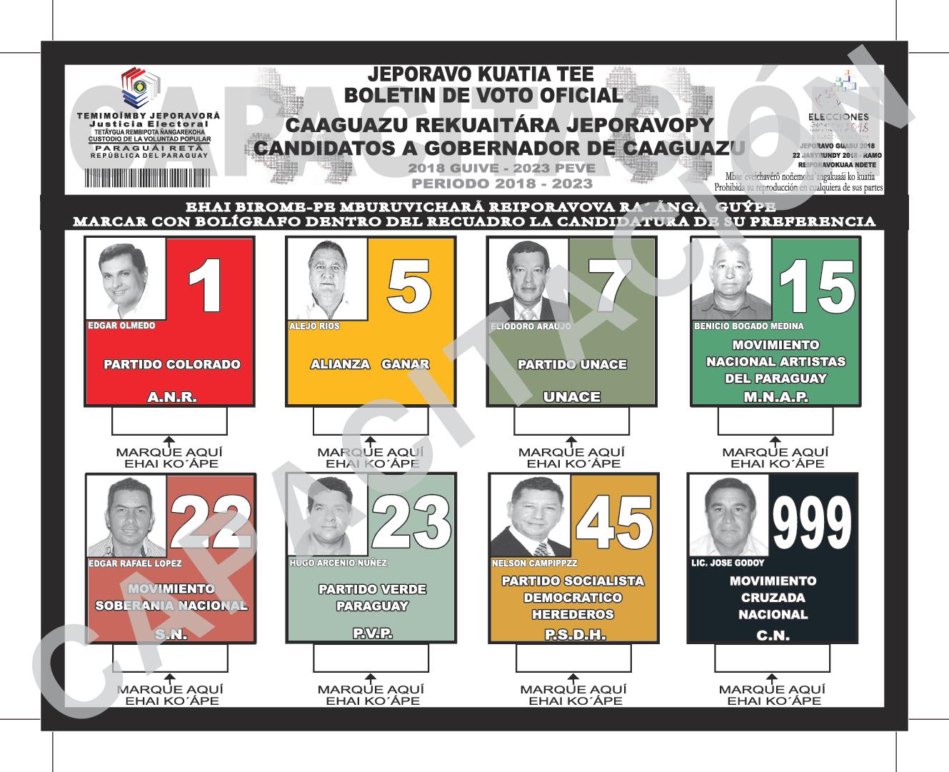 Boletin de voto de candidatos a GOBERNADOR de CAAGUAZU